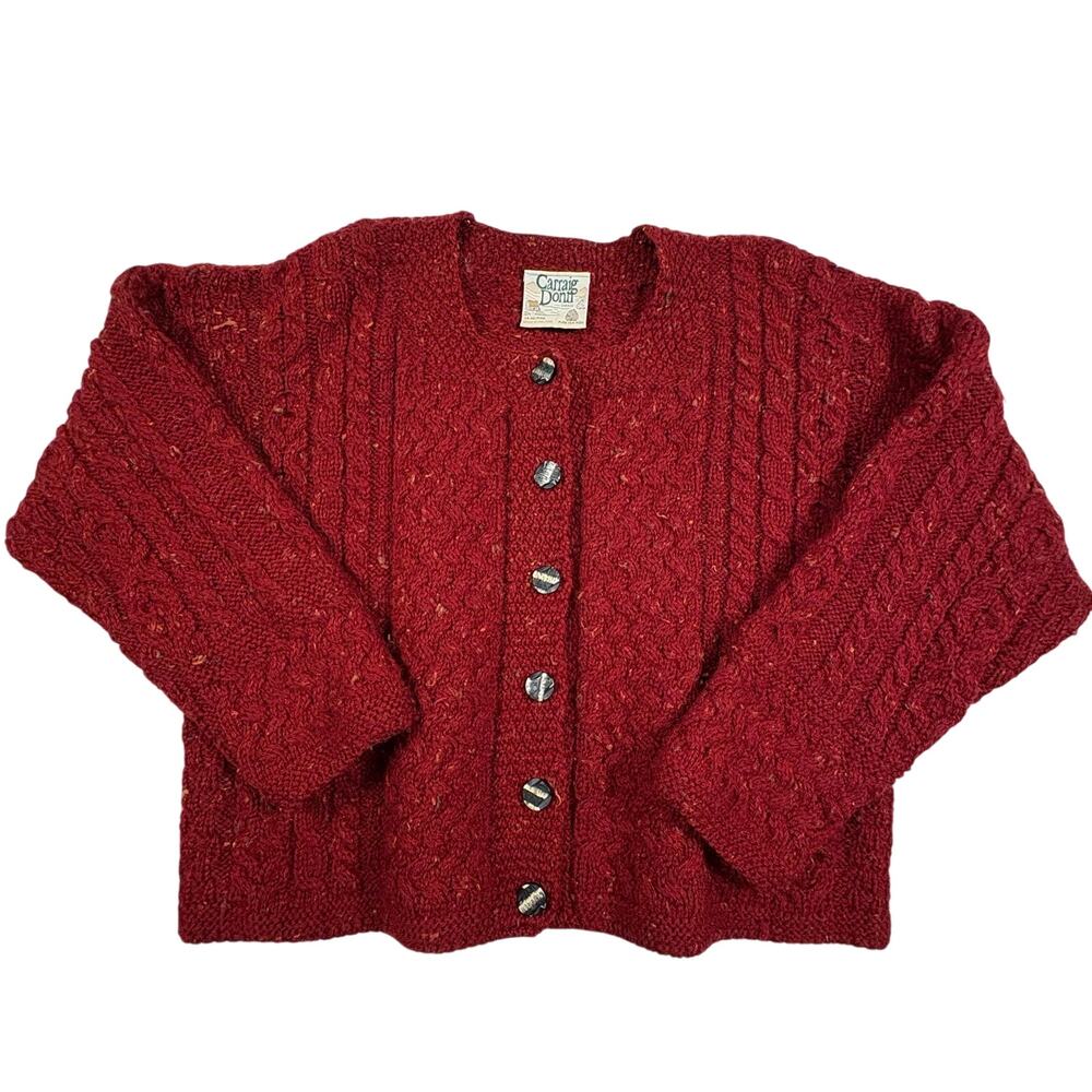 Carraig Donn Irish Cable Knit Wool Cardigan Sweater Women's S Burgundy Fisherman